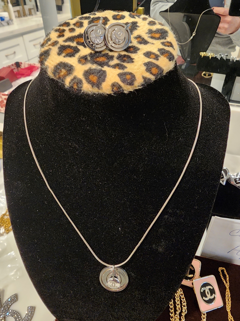 Beautiful floating vintage pave crystal bezel pendant C motif set